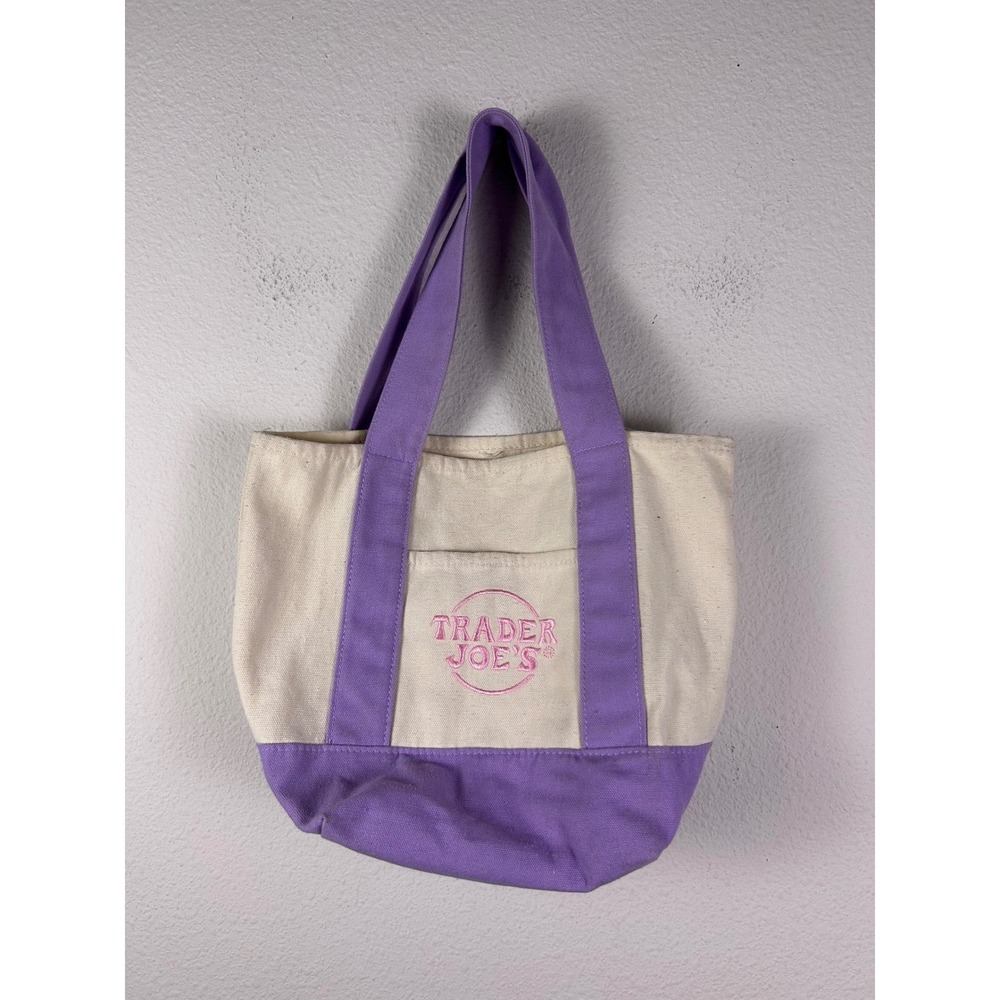 Trader Joe's Mini Canvas Tote Bag Purple White Limited Edition Embroidered Logo